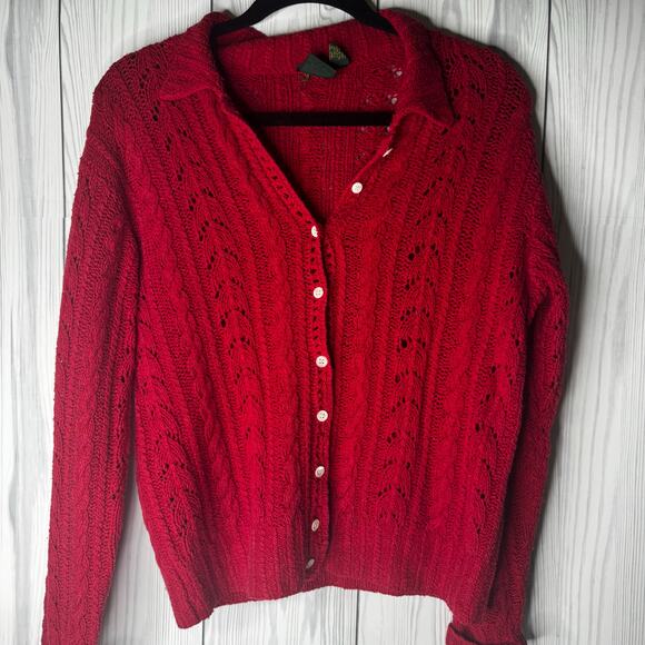 Vintage Hand Knit Cardigan Red Silk Angora Blend Delicate Boho Small Cottage - Picture 1 of 7